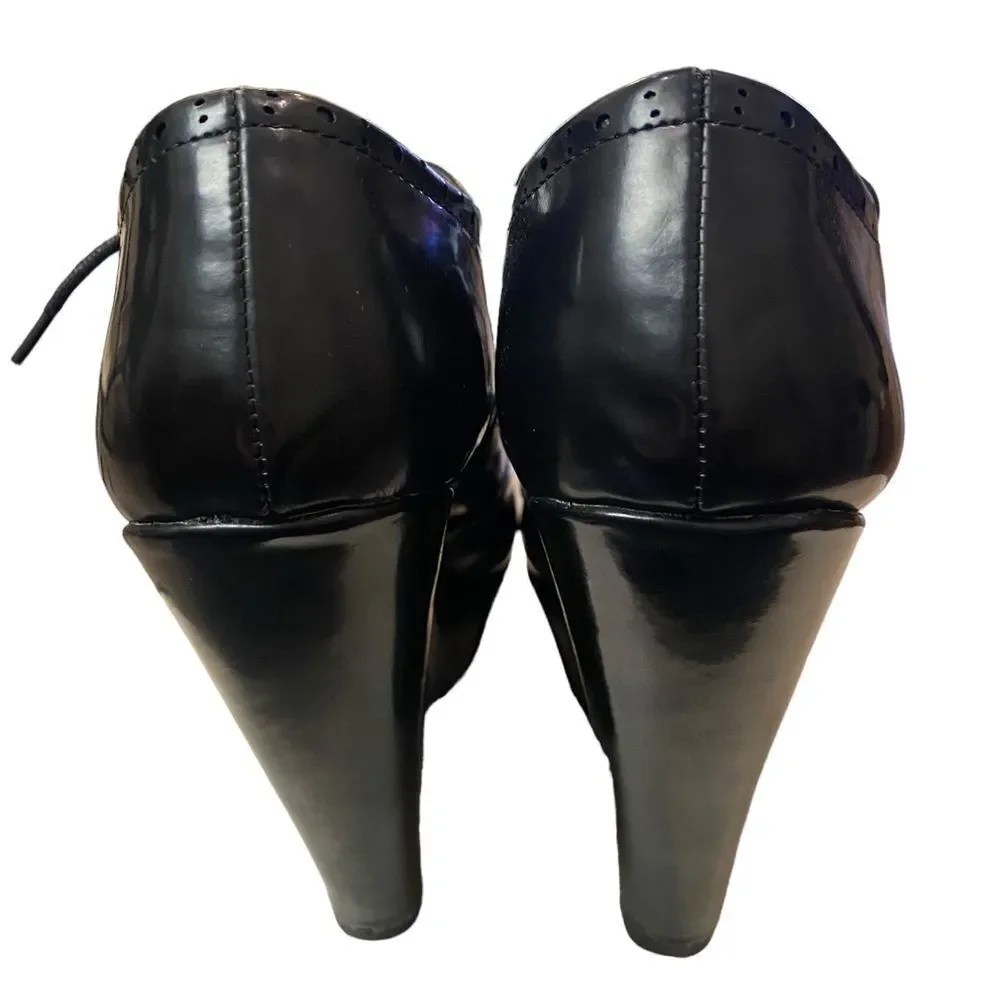 BAMBOO Booth Black Brogue Platform Wedge Oxfords 38.5  8.5